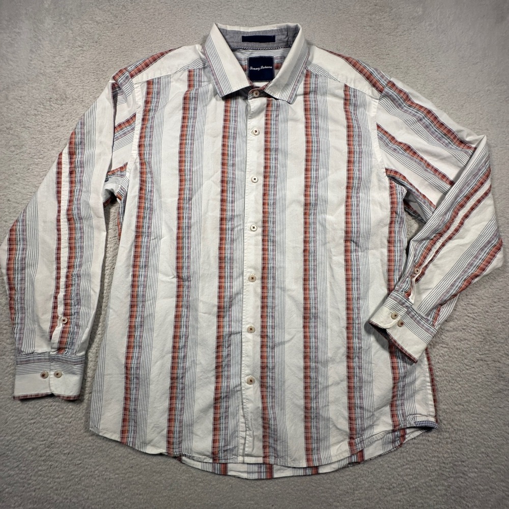 Tommy Bahama Button Down Mens Large White Striped Cotton Silk Blend‎ Long Sleeve